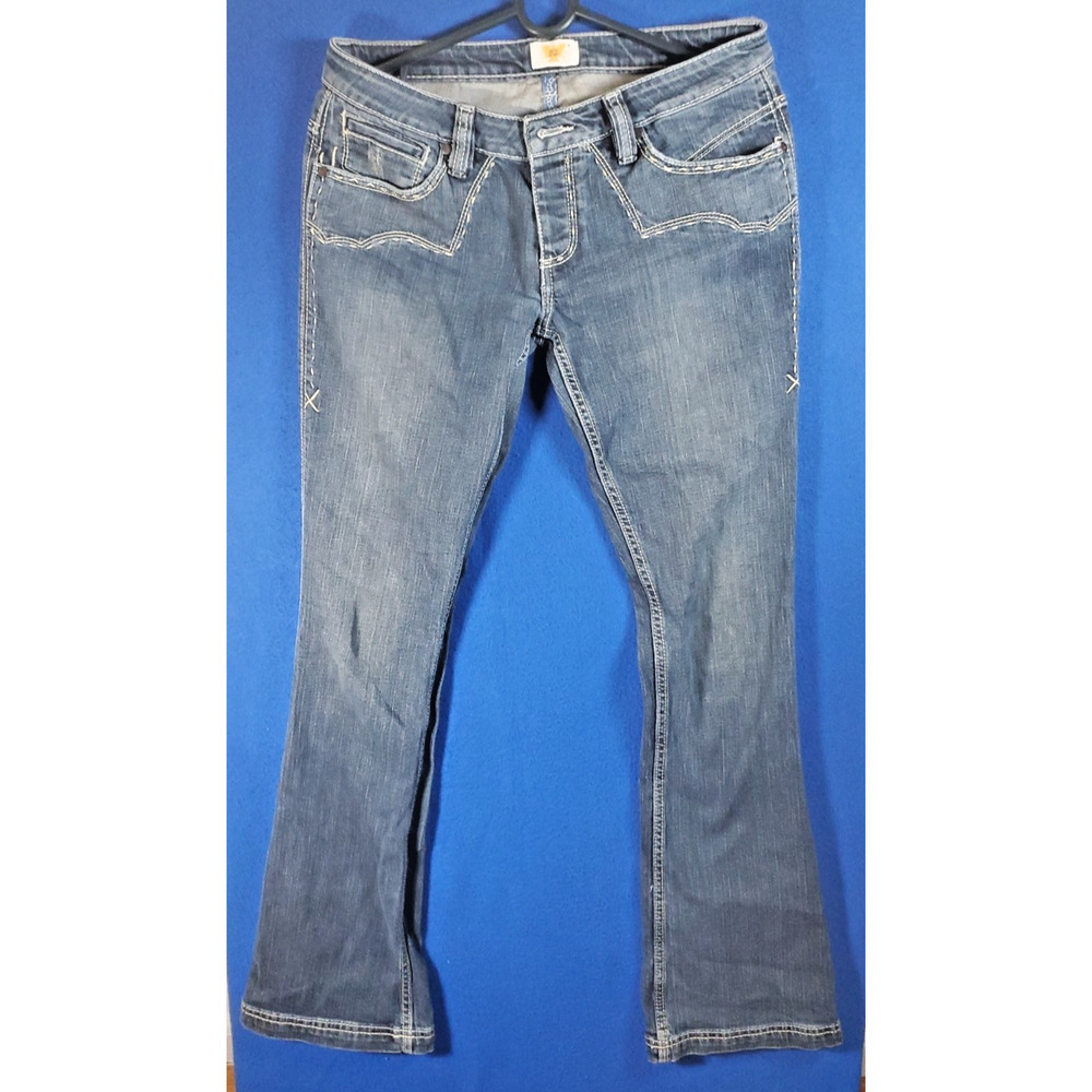 Antik Denim Flared Low Rise Jeans Womens Size 30 Button Fly Embroidered Blue
